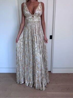 Gold and White Plunging V-Neck Maxi Gown with Tassels at Waist